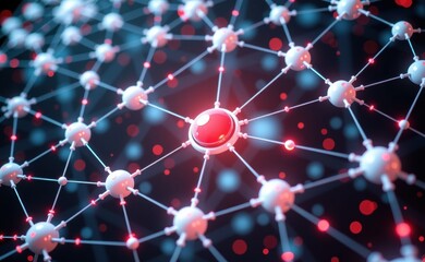 A vibrant 3D illustration of a molecular network with glowing blue and red nodes, symbolizing connectivity, innovation, and advanced technology concepts like AI, blockchain, and data structures.