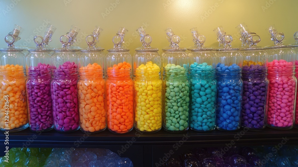 Poster a candy buffet with jars of vibrant candies, arranged in a gradient of colors, creating a fun and co