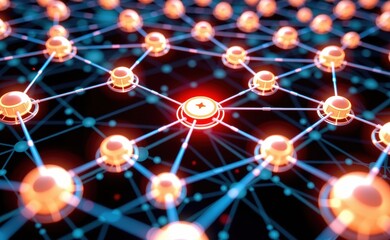 A vibrant 3D illustration of a molecular network with glowing blue and red nodes, symbolizing connectivity, innovation, and advanced technology concepts like AI, blockchain, and data structures.