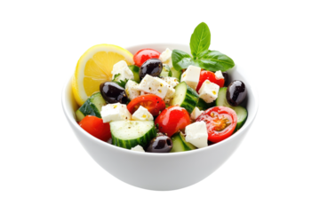 Salad with feta cheese, cucumber, cherry tomatoes, olives and basil in a white bowl isolated on white or transparent, PNG
