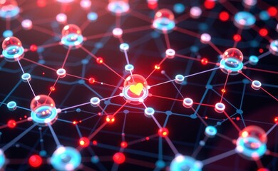 A vibrant 3D illustration of a molecular network with glowing blue and red nodes, symbolizing connectivity, innovation, and advanced technology concepts like AI, blockchain, and data structures.