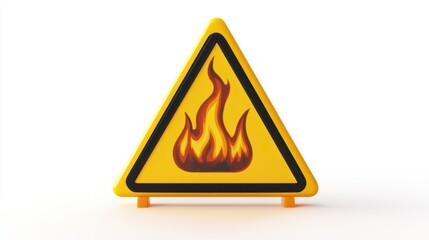 A vibrant 3D triangular yellow warning sign with a cartoon-style fire symbol and bold black outline, rendered on a clean white background