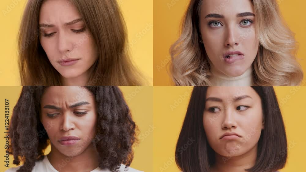 Poster A collection showcasing four multiracial individuals displaying various emotions. Each face conveys a unique gesture, emphasizing diversity and emotional depth among different backgrounds.
