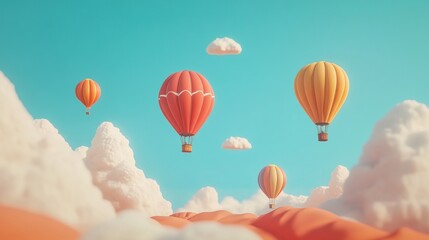 Fototapeta premium Colorful hot air balloons soar above fluffy cloudscape