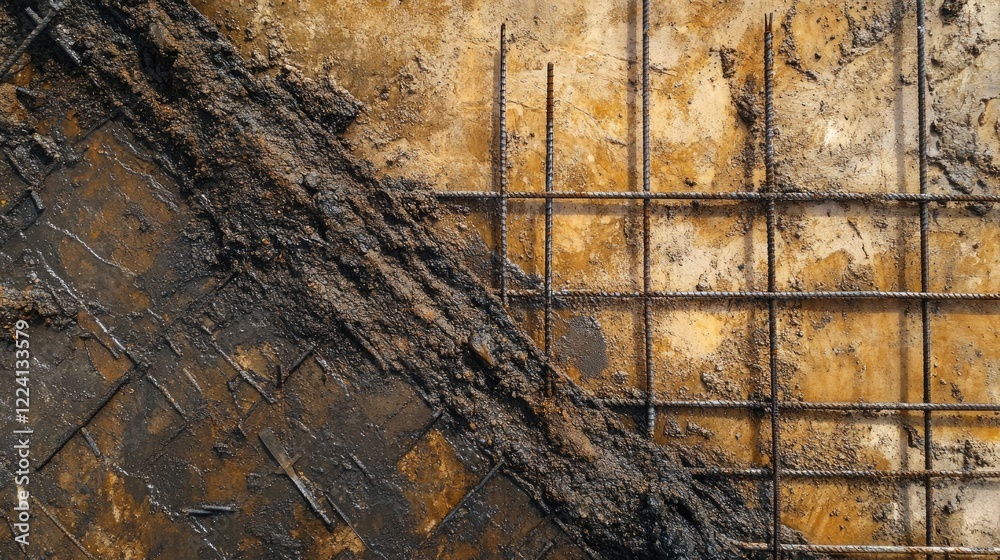 Poster A close-up of a foundation pit, with neatly arranged rebar and formwork, ready for concrete pouring, showcasing the precision and planning of construction