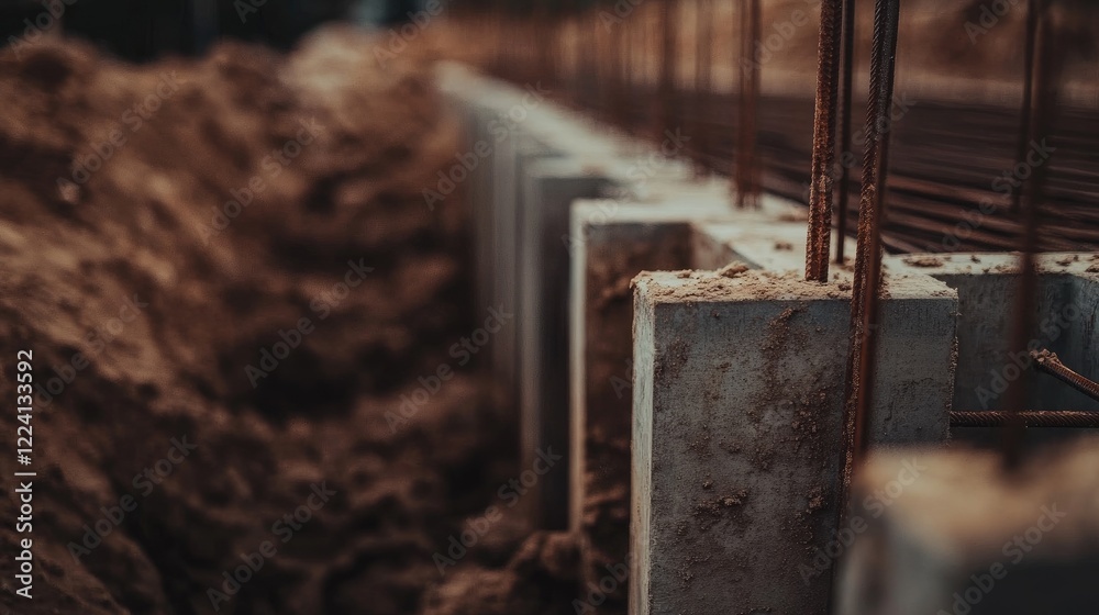Poster A close-up of a foundation pit, with neatly arranged rebar and formwork, ready for concrete pouring, showcasing the precision and planning of construction
