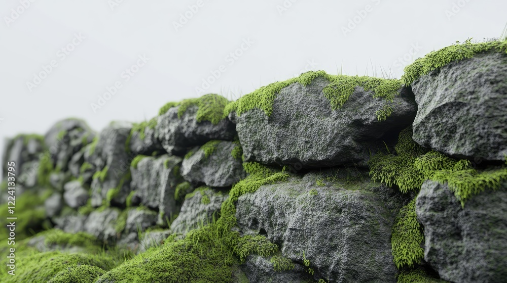 Poster a close-up of a moss-covered stone wall with intricate textures, displayed on a seamless white surfa