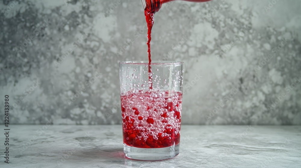 Poster A close-up of cranberry syrup pouring from a bottle into a water glass, with vibrant red droplets mixing with the clear liquid, creating dynamic patterns