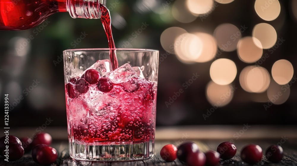Poster A close-up of cranberry syrup pouring from a bottle into a water glass, with vibrant red droplets mixing with the clear liquid, creating dynamic patterns