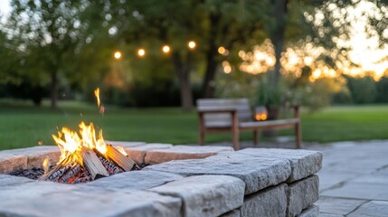 Backyard fire pit burning at sunset, with outdoor seating and string lights