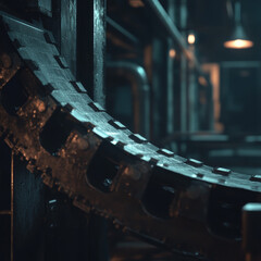Vintage metal gears and machinery with rust and intricate details, featuring old metal wheels and wooden components in an industrial setting, evoking an ancient mechanical clockwork feel