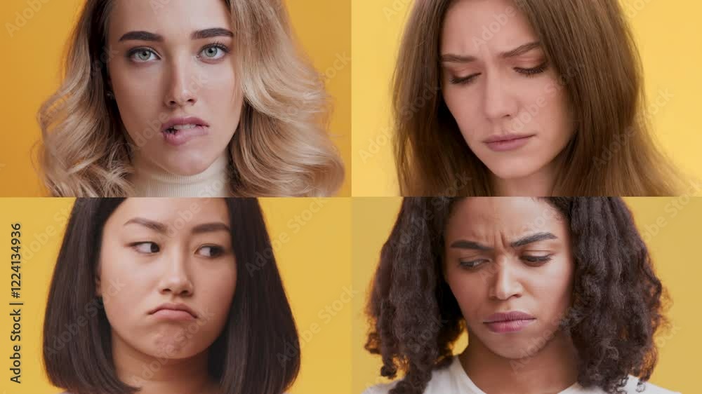 Poster Four individuals display a range of emotions against a vibrant yellow background. Each face conveys distinct feelings, showcasing diversity in appearance and expression.
