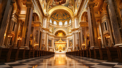 Fototapeta premium Elegant Ornate Church Interior with Golden Domed Ceiling and Altar : Generative AI
