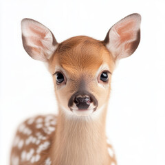 Adorable fawn with spotted fur facing camera against white background, wildlife portrait