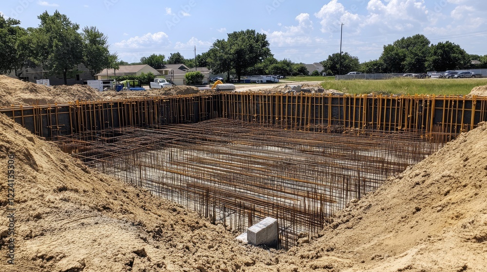 Poster a construction site foundation pit, filled with carefully arranged rebar and formwork, awaiting the 