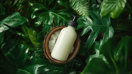 A cracked coconut with coconut milk in a bottle, surrounded by lush green leaves, creating a refreshing tropical setting full of natural beauty