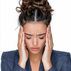 Fototapeta premium Young woman showing signs of stress with hands on her head in a serious expression of discomfort