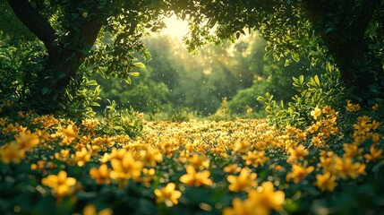 Sunlit forest path, yellow flowers, tranquil scene, nature background, idyllic landscape