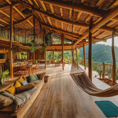 Fototapeta premium A peaceful beach resort with a wooden beach hut, natural architecture, and cozy furniture by the sea, featuring a bed, chairs, a wooden bridge, and windows overlooking the ocean and sky