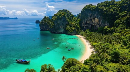 Naklejka premium Tropical Islands Surrounded by Vibrant Oceans Showcase a Dynamic and Energetic Natural Beauty. A Mesmerizing Scene of Lush Greenery and Crystal-clear Waters.