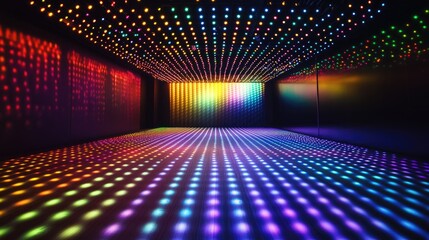 A dark room filled with multicolor LED lights casting a vivid glow across the space, setting a lively and energetic atmosphere