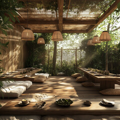 Tropical garden in the morning with wooden furniture and a relaxing pavilion, surrounded by lush greenery and a peaceful atmosphere, perfect for a resort-like summer getaway