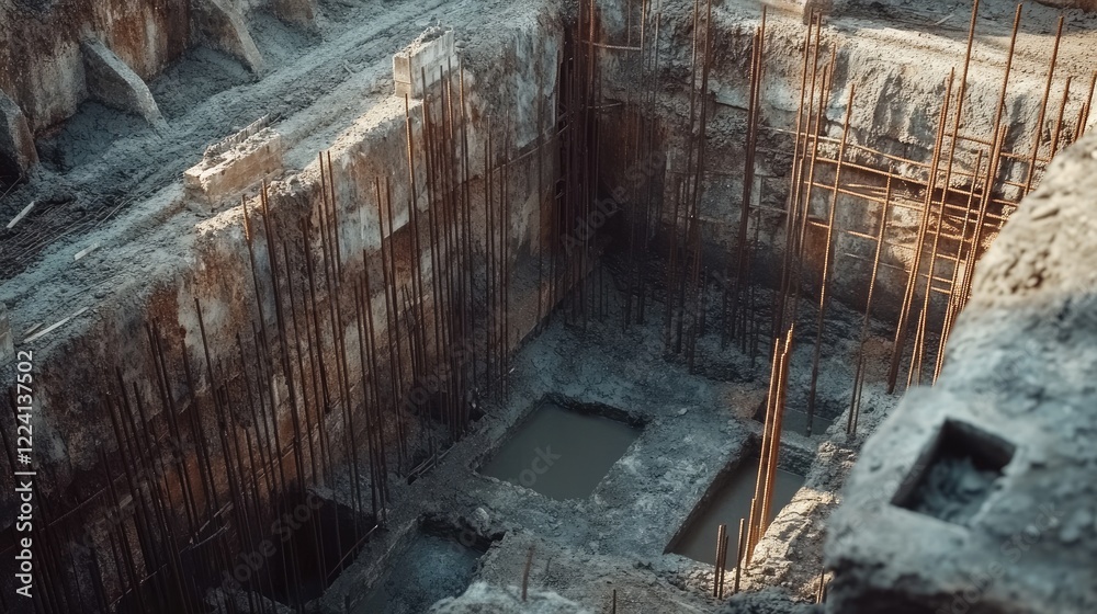 Aufkleber A detailed shot of a foundation pit, with rebar and formwork precisely set in place for concrete pouring, emphasizing the accuracy and readiness for construction work