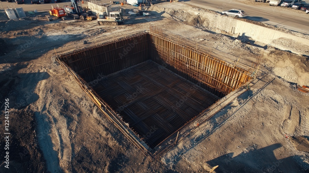 Aufkleber A detailed shot of a foundation pit, with rebar and formwork precisely set in place for concrete pouring, emphasizing the accuracy and readiness for construction work
