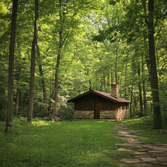 A rustic wooden cabin surrounded by trees in a peaceful forest