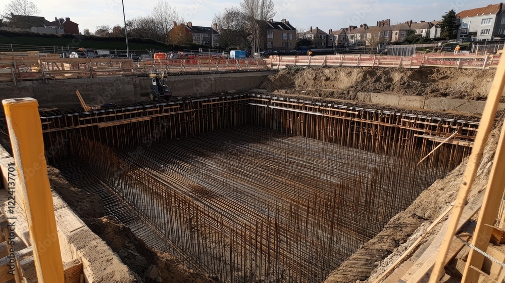 Poster A detailed view of a construction site foundation pit, with rebar and formwork arranged for pouring concrete, highlighting the careful preparation involved