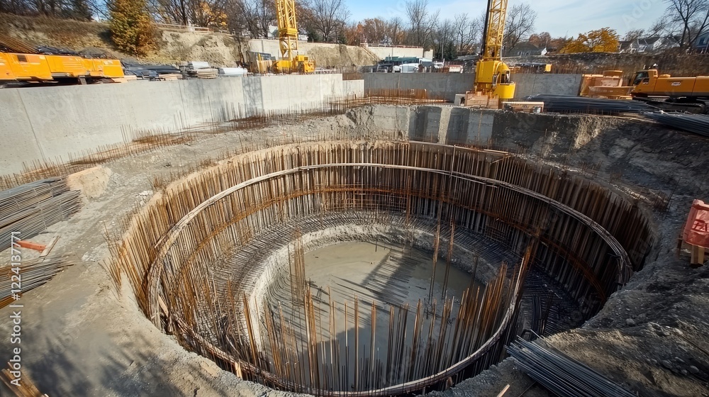 Poster a detailed view of a construction site foundation pit, with rebar and formwork arranged for pouring 