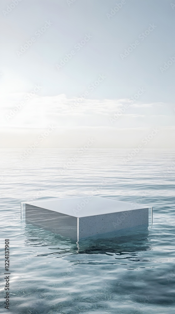 Wall mural a transparent podium, floating in a serene ocean with soft waves and a clear sky as the backdrop