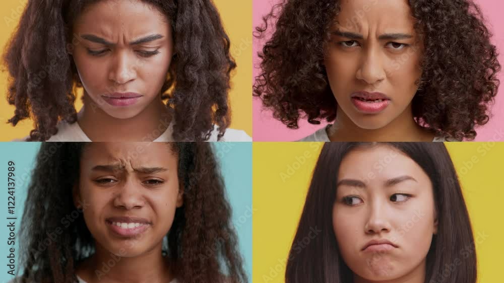 Poster a collection of four individuals showcasing different emotional expressions set against bright backg