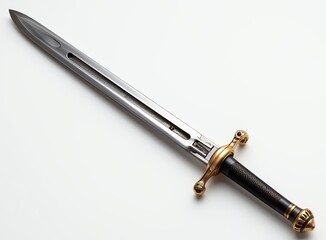 Fototapeta premium Elegant Ornate Medieval Style Sword Steel Blade Gold Hilt Detailed Closeup