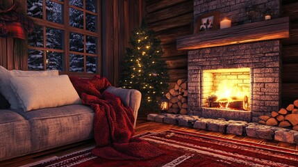 Cozy cabin Christmas eve fireplace snowy night