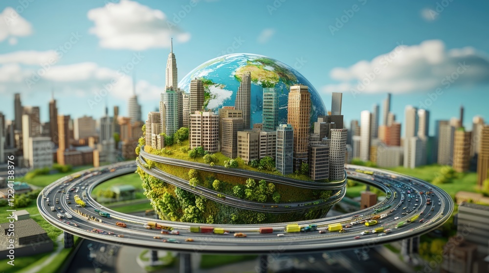 Aufkleber A dynamic 3D representation of the Earth globe with an elaborate highway network, surrounded by vibrant cityscapes and landscapes showcasing global connections