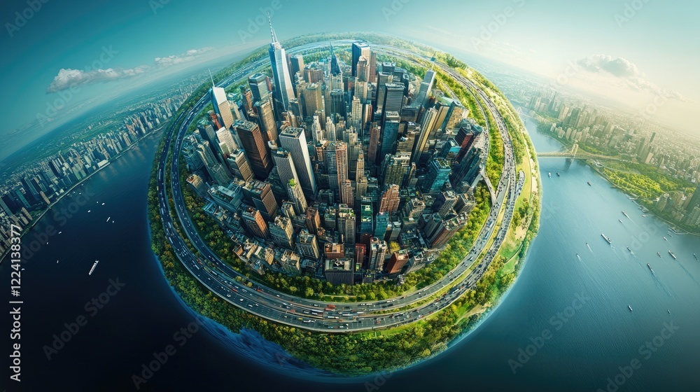 Poster A dynamic 3D representation of the Earth globe with an elaborate highway network, surrounded by vibrant cityscapes and landscapes showcasing global connections