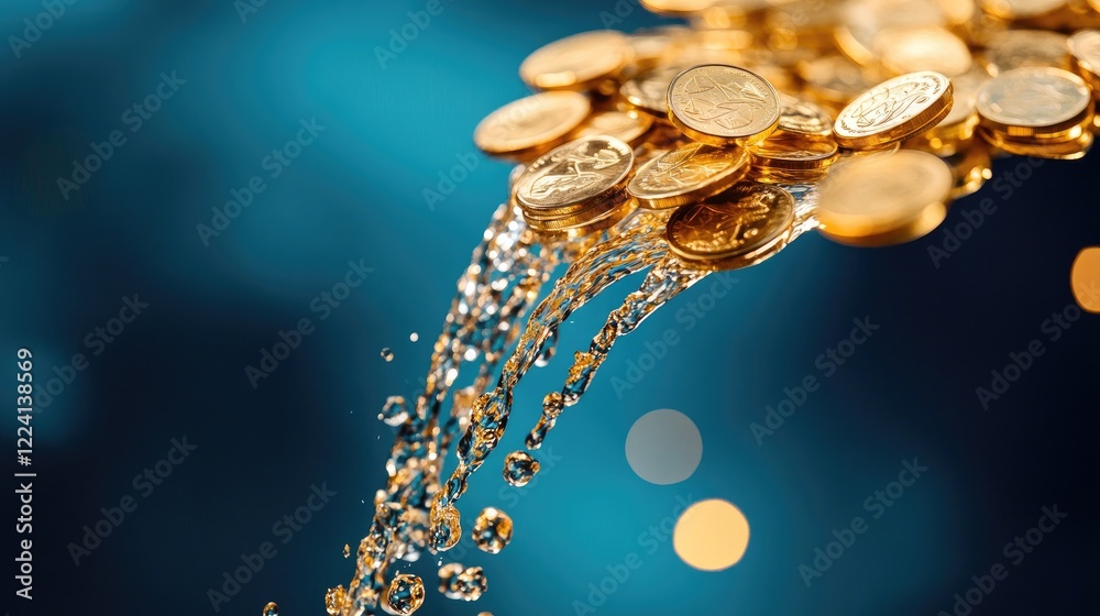 Poster a dynamic shot of gold coins flowing from a golden faucet, suspended mid-air with a rich blue backgr