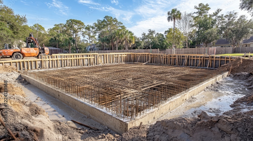 Poster a foundation pit with meticulously arranged rebar and formwork, prepared for concrete pouring, showc