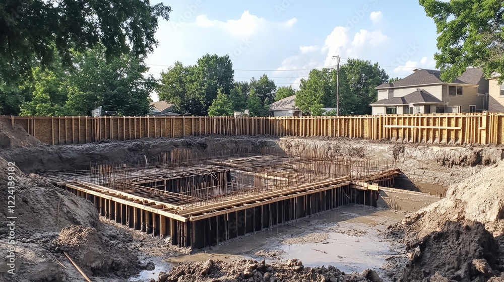 Poster a foundation pit with meticulously arranged rebar and formwork, prepared for concrete pouring, showc