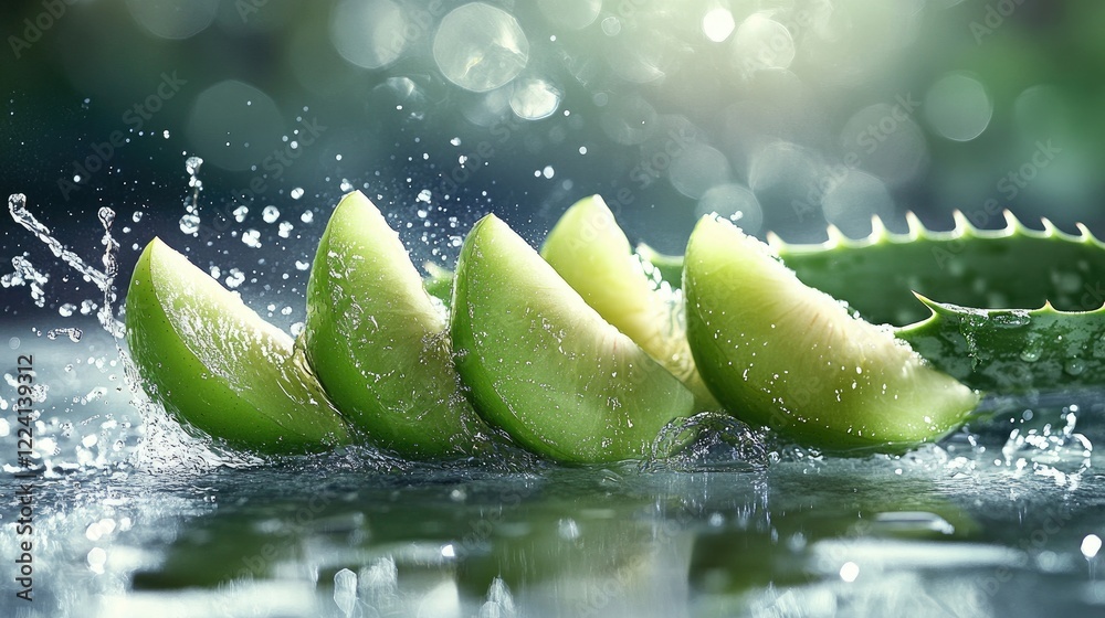 Poster A fresh and vibrant display of sliced green plums next to aloe, with water droplets splashing around, creating a refreshing and energizing scene