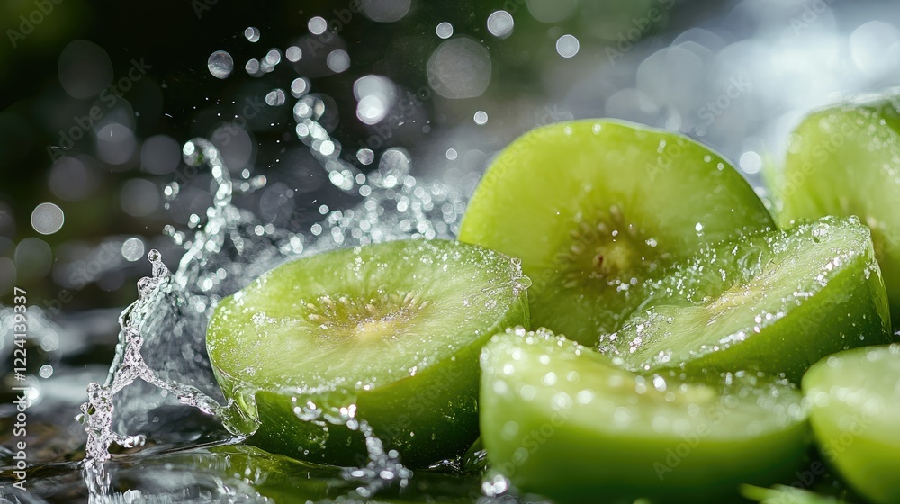 Poster a fresh and vibrant display of sliced green plums next to aloe, with water droplets splashing around