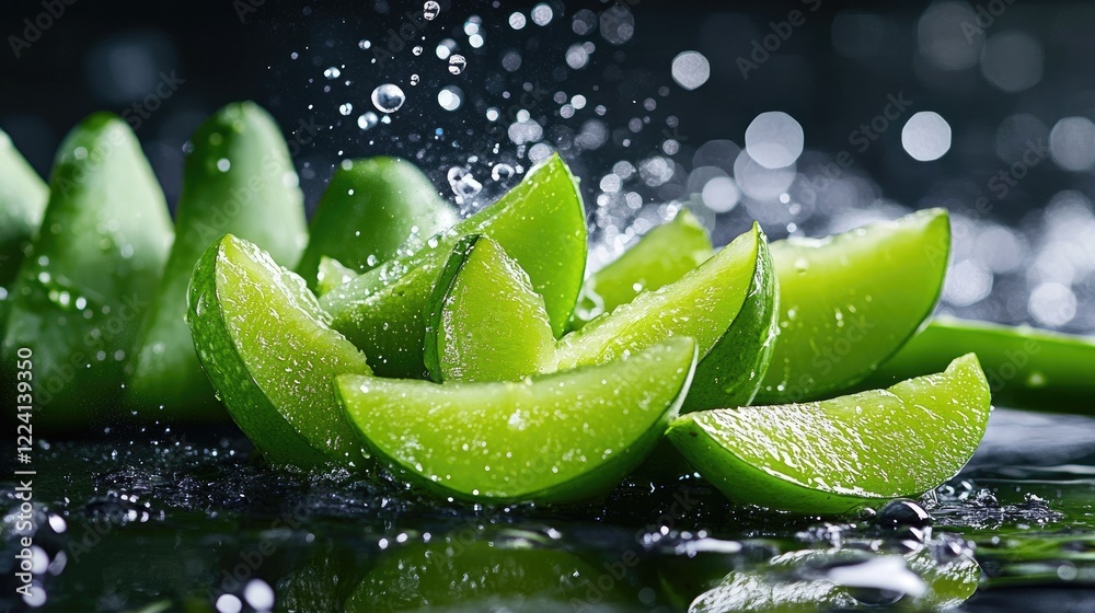 Poster A fresh and vibrant display of sliced green plums next to aloe, with water droplets splashing around, creating a refreshing and energizing scene