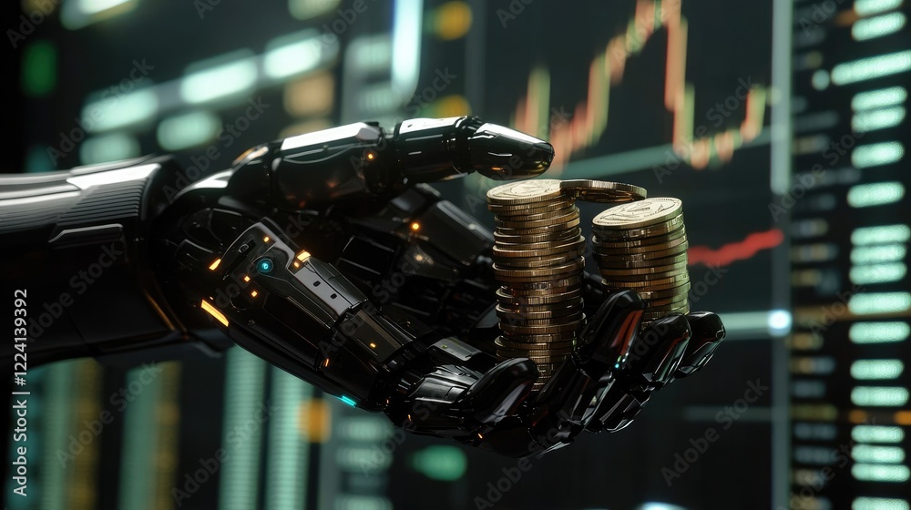 Poster a futuristic robotic hand gripping a stack of coins against a backdrop of financial charts and data,