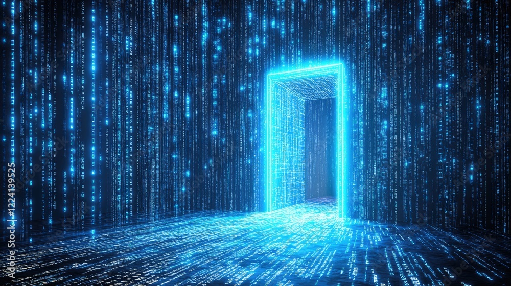 Poster a glowing entrance to a digital dimension surrounded by floating lines of code, creating a futuristi
