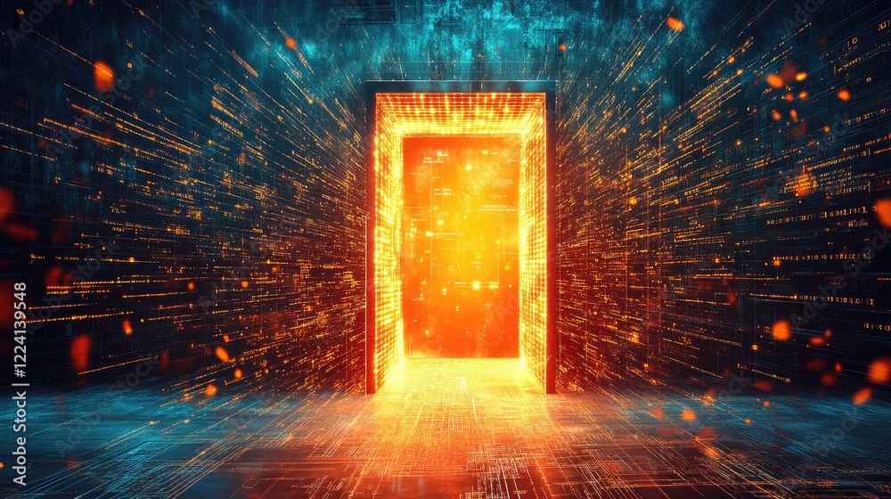 Poster a glowing entrance to a digital dimension surrounded by floating lines of code, creating a futuristi