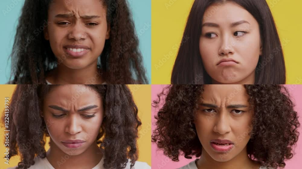 Poster four individuals display a range of emotions through facial expressions against colorful backgrounds