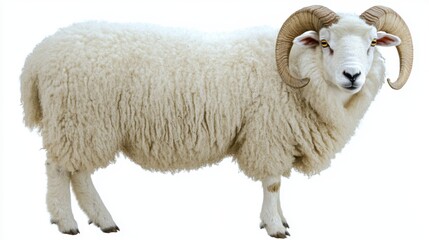 Obraz premium Majestic Ram with Large Curled Horns Against White Background A Stunning Image of a Fluffy White Ram