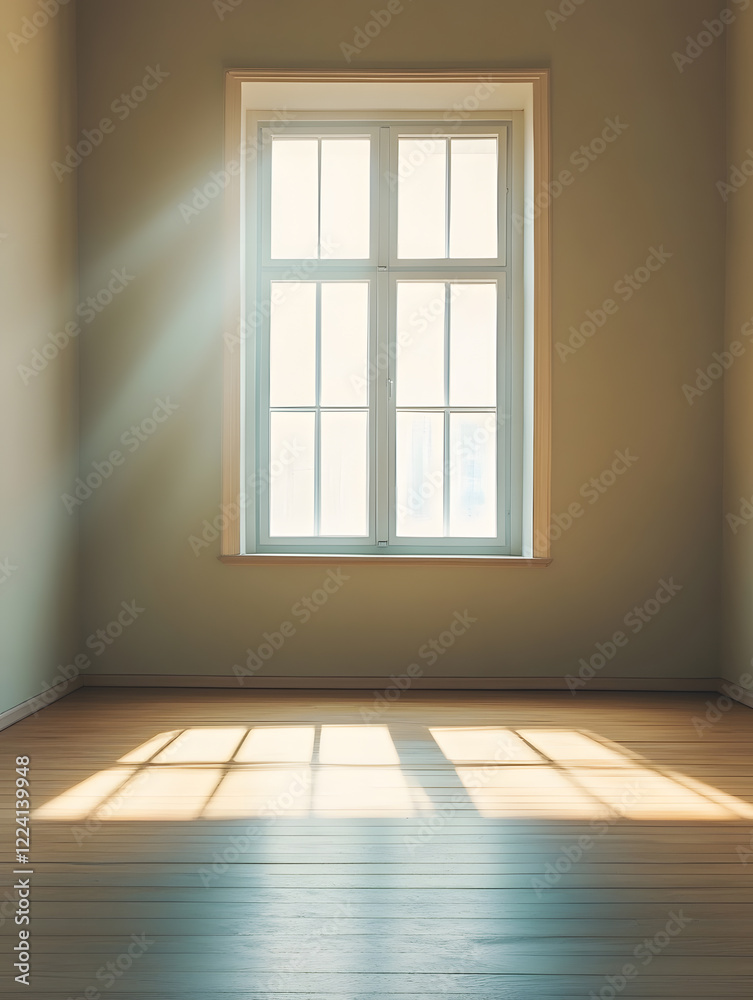 Poster sunlight streaming through window into minimalist empty room interior : generative ai