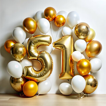 51st Birthday Decorations. Gold and White Balloons